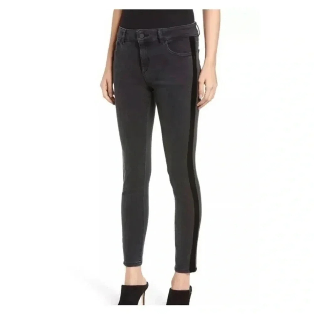 DL1961 Womens  Black Denim Velvet Farrow Trim Ankle Skinny Jeans 24
